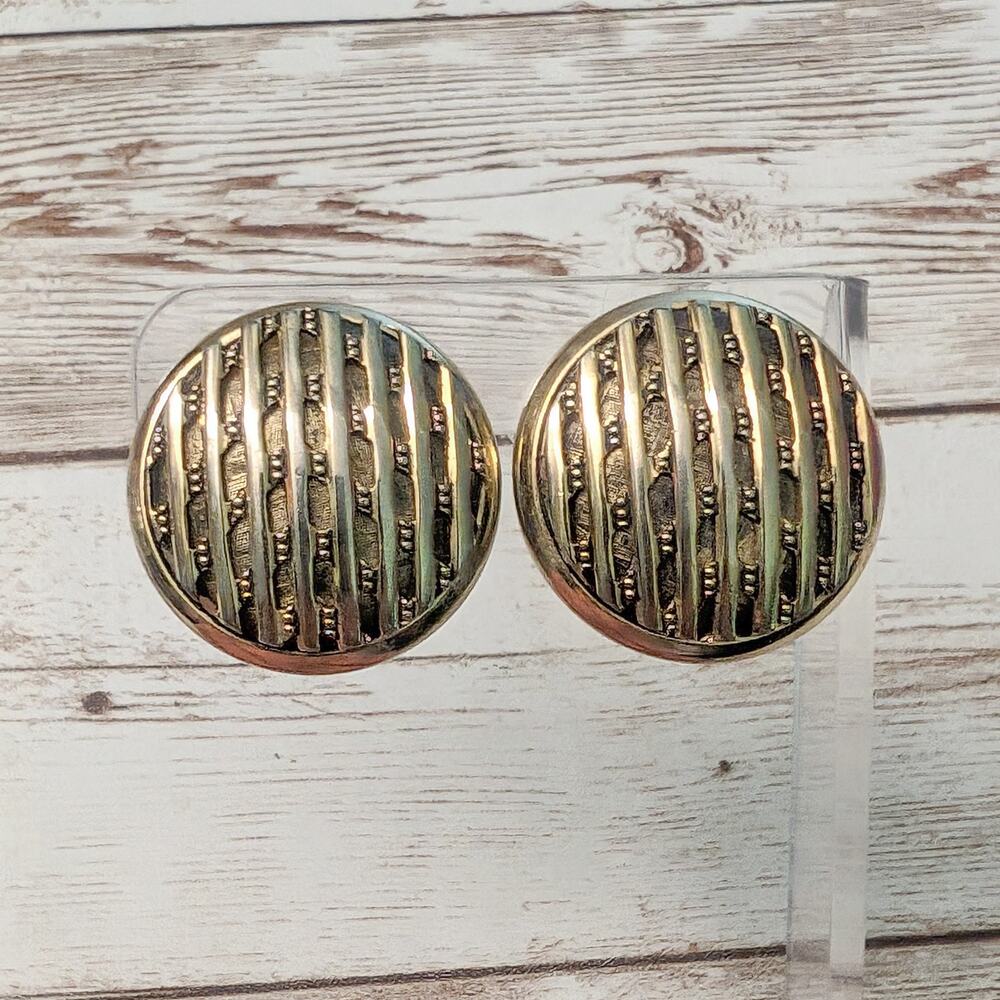 Vintage Clip On Earrings Chunky Large Gold Tone Fancy Statement Circle 1 & 1/8"